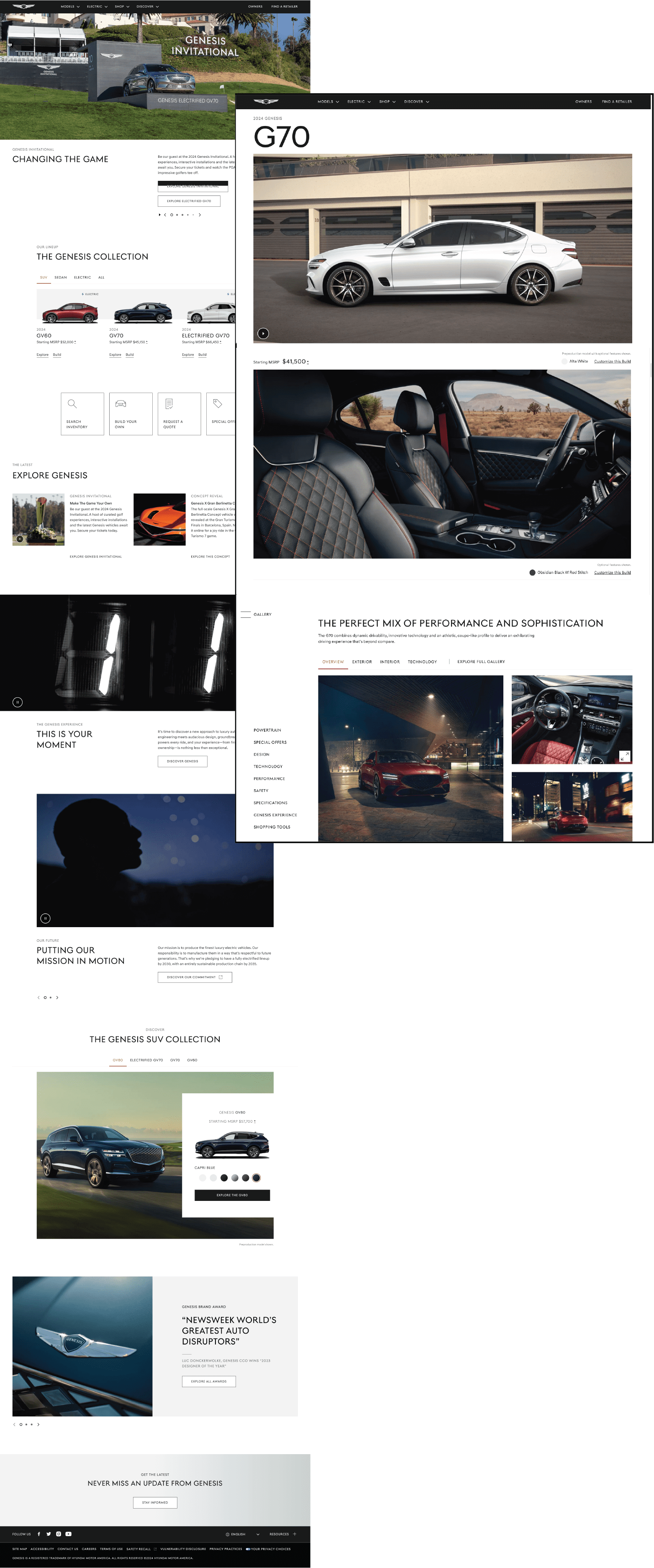 Genesis homepage and model page
