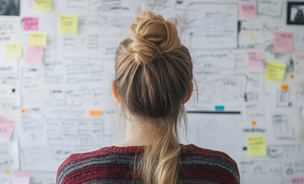Whiteboard with ideas and woman looking at them.