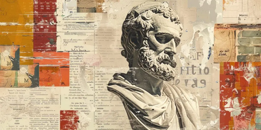 Bust of a Greek poet with various texts in the background.
