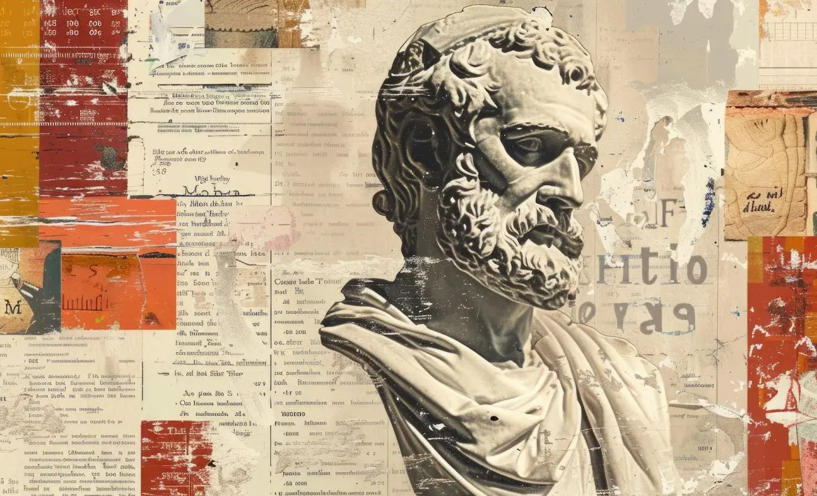 Bust of a Greek poet with various texts in the background.