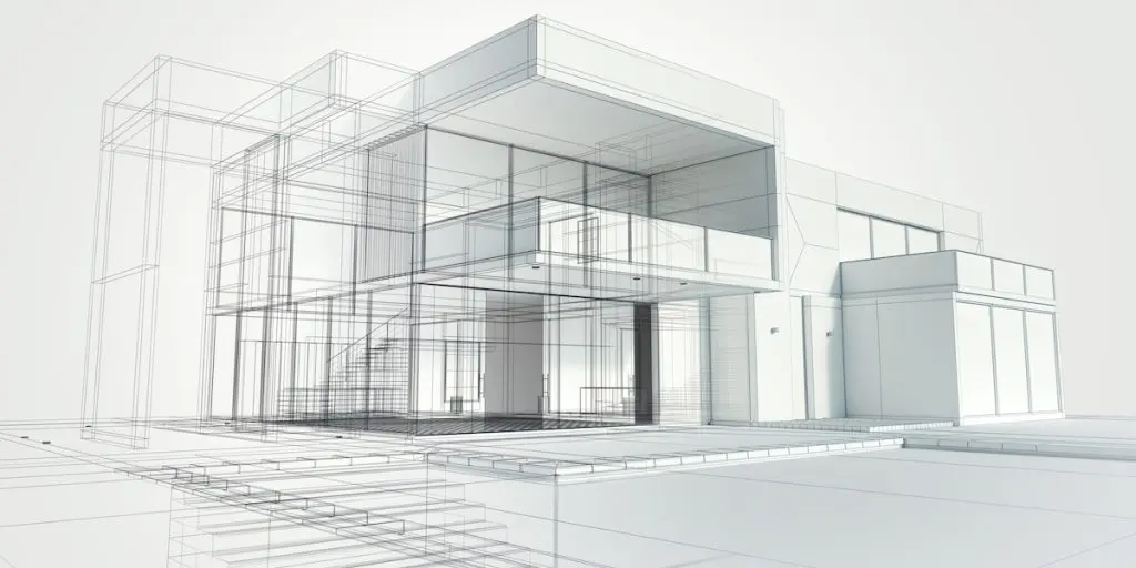 Architectural rendering of a modern house where one half remains a wireframe blueprint and the other half is fully rendered with solid walls and finished materials.