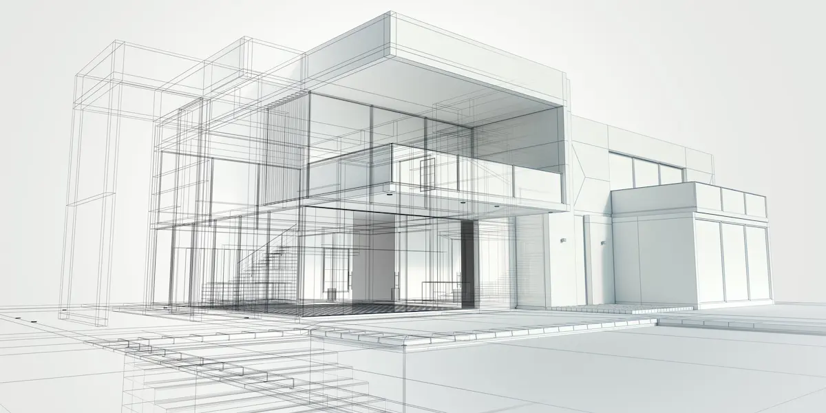 Architectural rendering of a modern house where one half remains a wireframe blueprint and the other half is fully rendered with solid walls and finished materials.