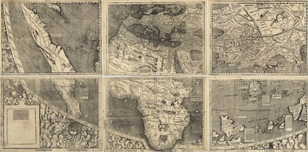 Detail from Martin Waldseemüller's 1507 world map, showing the South American coastline with the word "America" printed on the continent for the first time.