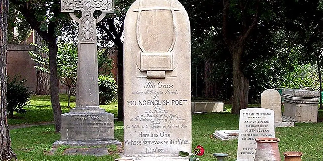Keats's gravestone in the Protestant Cemetery, Rome, carved with a lyre and the epitaph 'Here lies One Whose Name was writ in Water.'