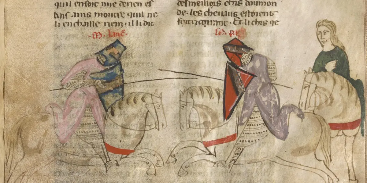 A medieval manuscript illumination showing two armored knights on horseback charging at each other with lances, one under a pink cloth and blue shield, the other under a purple cloth and red shield; a woman in a green robe watches from horseback at the right. Rubricated names appear in red above each knight, with brown Gothic script filling the margins.