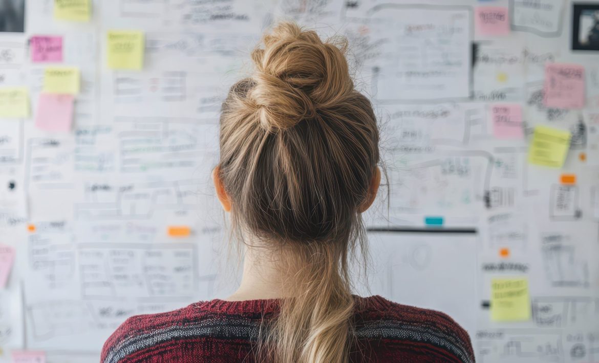 Whiteboard with ideas and woman looking at them.