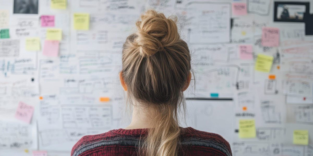 Whiteboard with ideas and woman looking at them.